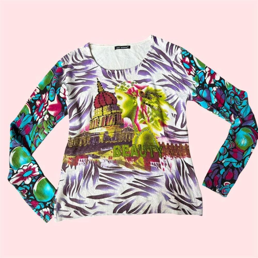 Euro brand 'just women' long sleeve top with zebra print & floral sleeves